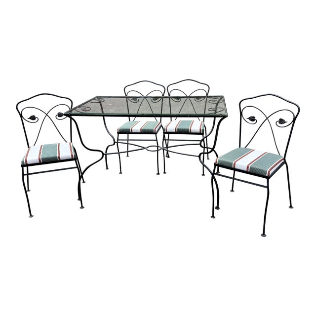 Mid 20th Century Wrought Iron Patio Dining Set, Table & 4 Chairs For Sale