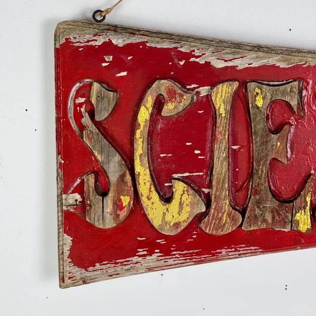 Metal Vintage Handmade "Science Center" Double Sided Wooden Sign in Red & Gold For Sale - Image 7 of 8