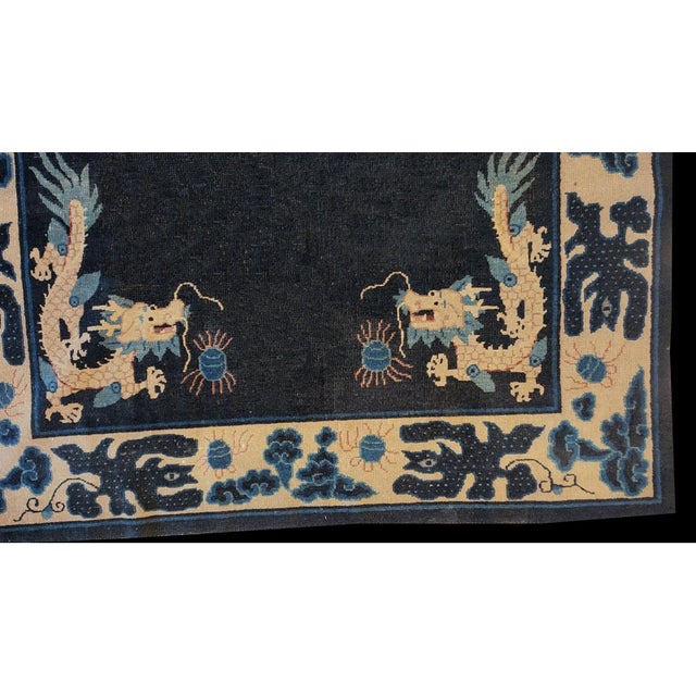 Late 19th Century 1890s Navy Blue Dragon Medallion Antique Chinese Ningxia Carpet Wool Knotted Rug For Sale - Image 5 of 8