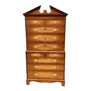 Mid 20th Century Curly Maple 1 Piece Chest on Chest With Painted Decoration For Sale