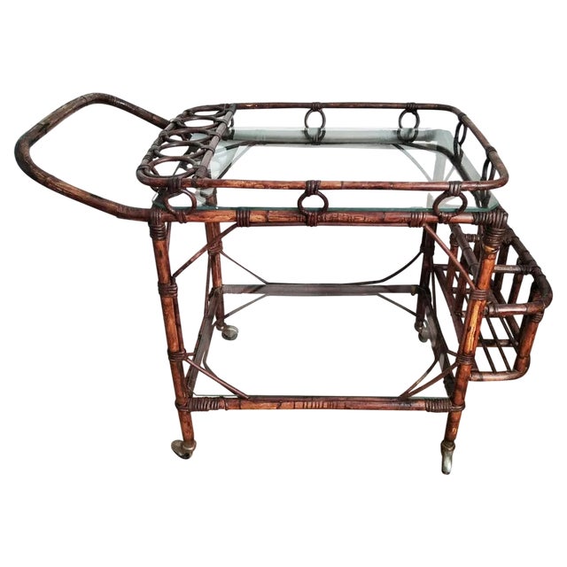 Wicker Serving Bar Cart, 1950 For Sale