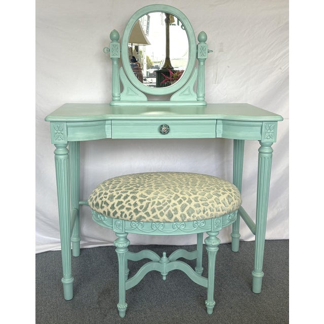 Shabby Chic Vintage Vanity With Coordinating Stool Painted in an Ethereal Blue With New Upholstery For Sale - Image 3 of 18
