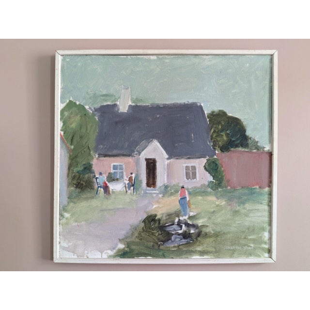 COTTAGE GARDEN GATHERING Size: 25.8 x 27 inches (including frame) Oil on board A charming mid-century modern landscape...