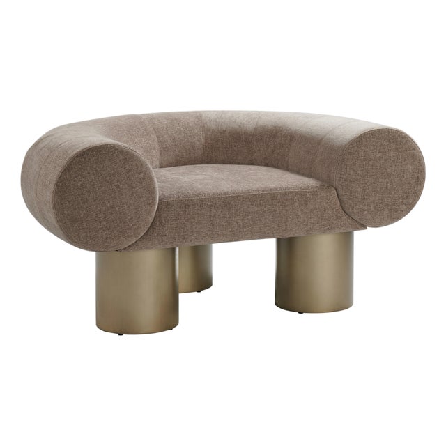 Mia Modern Curved Brown Accent Chair with Gold Metal Legs For Sale