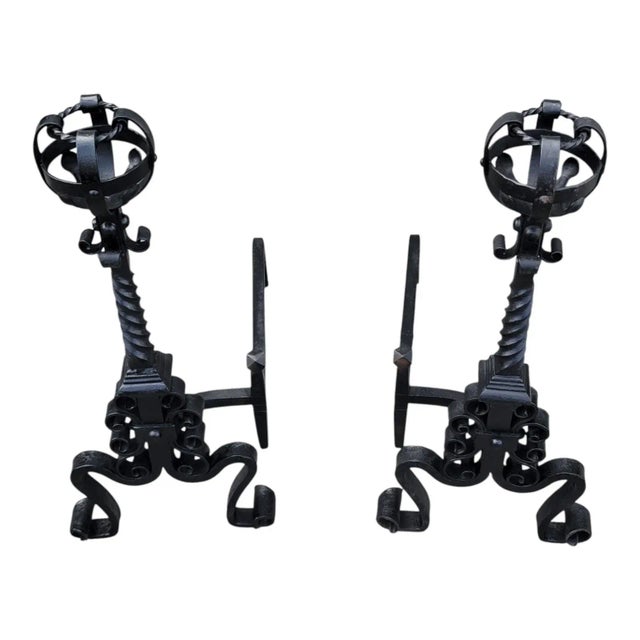 Pair of 1920s Wrought Iron Andirons Arts & Crafts Fireplace Antique For Sale - Image 4 of 14