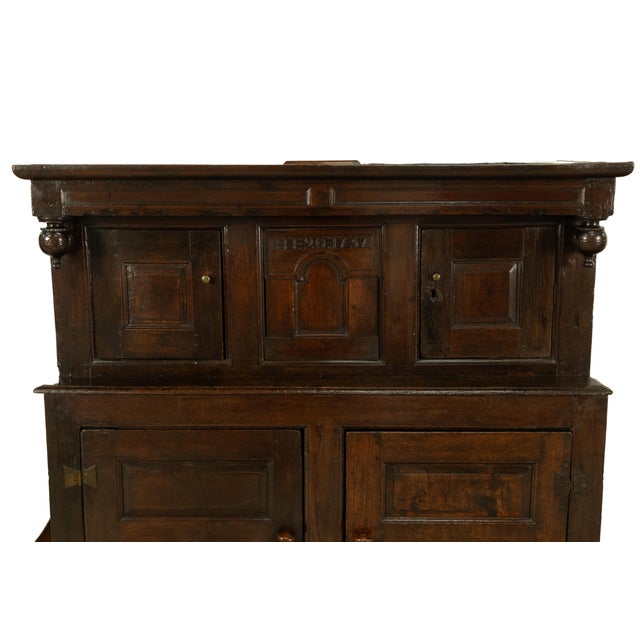 Antique Early 18th Century Welsh English Deuddarn Carved Oak Court Cupboard 1737 For Sale In Portland, OR - Image 6 of 16