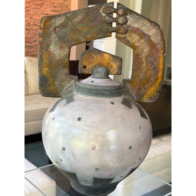 An incredible, large-scale vintage studio pottery lidded vessel crafted by renowned Northern California ceramicists Gerald...
