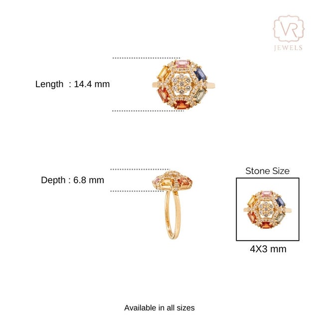 Retro Style 1.73 CTW Multicolor Sapphire & Diamond Cluster Ring Size 5 in 14k Yellow Gold For Sale - Image 9 of 13