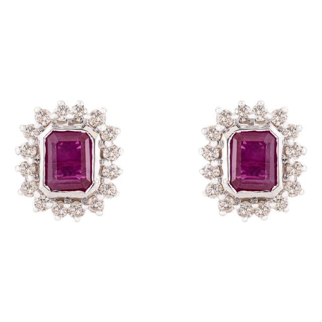 14k White Gold Solitaire Ruby With Halo Diamonds Stud Earrings- A Pair For Sale