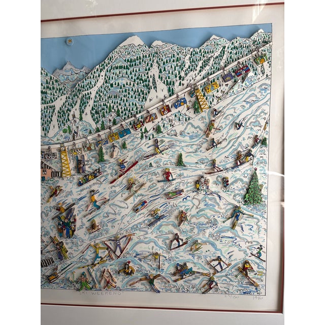White Vintage James Rizzi “Ski Weekend” 3d Layered Serigraph Art Signed & Numbered 23/150 For Sale - Image 8 of 12