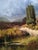 A romanticized European pastoral landscape featuring a rustic, half-timbered thatched-roof barn or cottage alongside tall...
