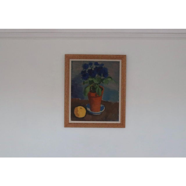 Mid-Century Modern Olax, Blue Flower and Citrus, 1950s, Oil on Panel, Framed For Sale - Image 3 of 15