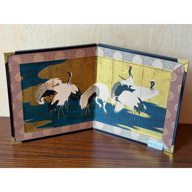Vintage Japanese Two Panel Byobu Small Folding Screen Featuring a Flock of Cranes For Sale - Image 13 of 15