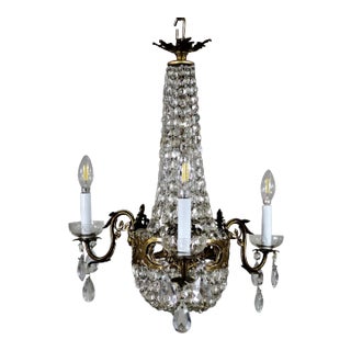 Circa 1910 Empire Style Crystal and Bronze Three Arm Chandelier For Sale