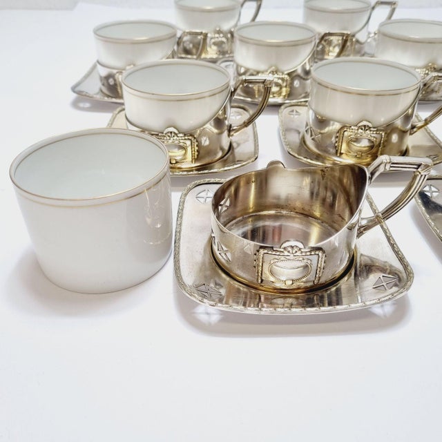 Art Deco Silver-Plated Argentor Tea Set with Karlsbad Porcelain Liners, 1930s, Set of 20 For Sale - Image 10 of 18
