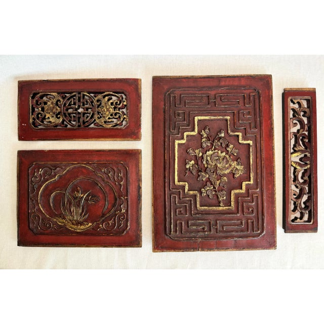 Chinoiserie Asian Teak Wood Carved Relief Red & Gold Plaques, Set of 4 For Sale - Image 3 of 10