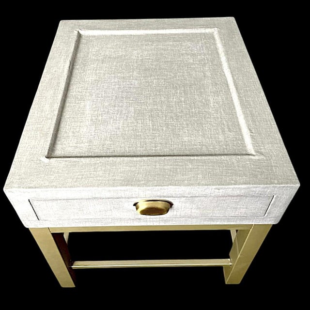 Modern Pair of Modern Gray Linen Fabric Wrapped End Tables With Champagne Metal Legs For Sale - Image 3 of 6