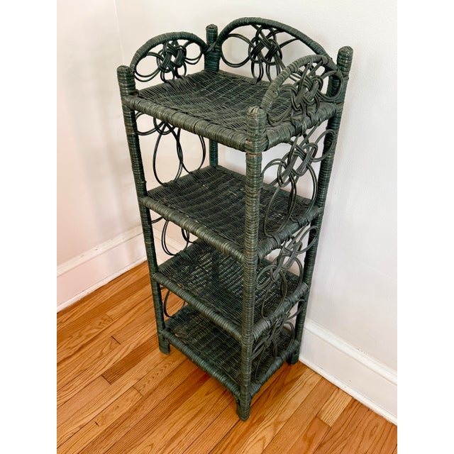 Dark Green Vintage Green Wicker Shelf With Four Tiers For Sale - Image 8 of 10