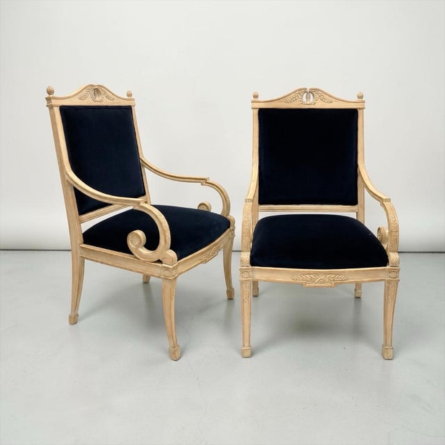 Mid 20th Century Mid-Century French Neo- Classical Style Beech & Navy Velvet Bergere Chairs - Pair For Sale - Image 5 of 6