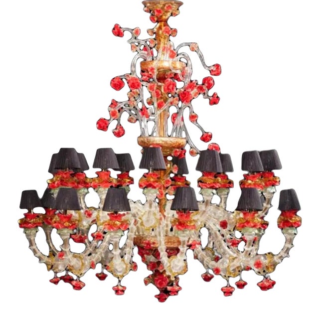 Red and Gold Murano Glass Chandelier, 1980s For Sale