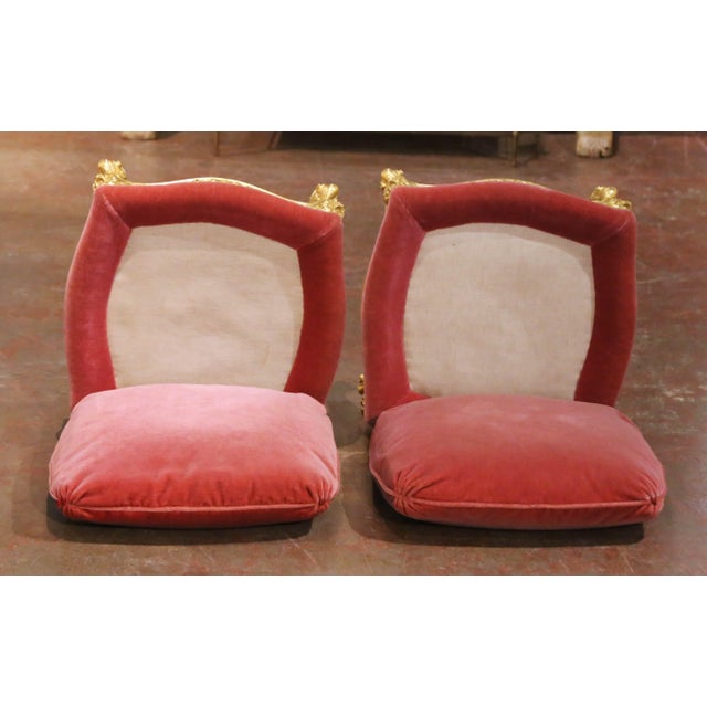 Rose Pair of 19th Century French Louis XV Giltwood Stools With Velvet Cushions For Sale - Image 8 of 9