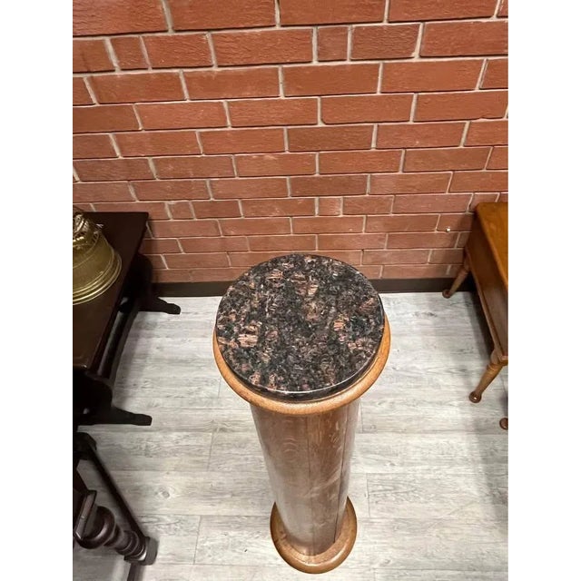 Early 20th Century Vintage Marble Top Oak Column Pedestal For Sale - Image 5 of 8