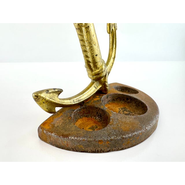Nautical Vintage 1940's Brass Anchor Desk Inkstand on Cast Iron Base | Nautical Maritime Desk Accessory For Sale - Image 3 of 8