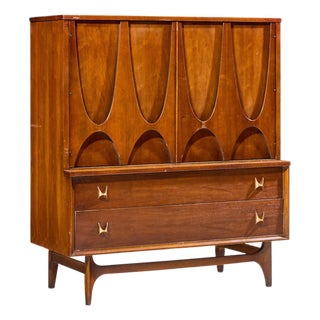 Broyhill Brasilia Mid Century Walnut and Brass Gentleman Chest Highboy Dresser For Sale