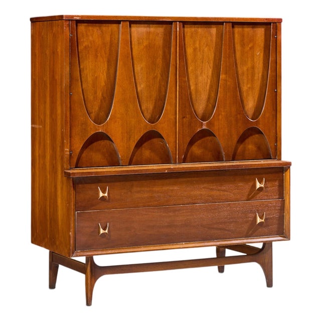 Broyhill Brasilia Mid Century Walnut and Brass Gentleman Chest Highboy Dresser For Sale