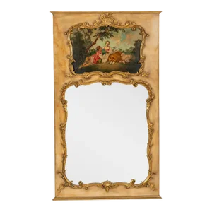 Vintage French Louis XV Style Painted and Parcel Gilt Trumeau Mirror