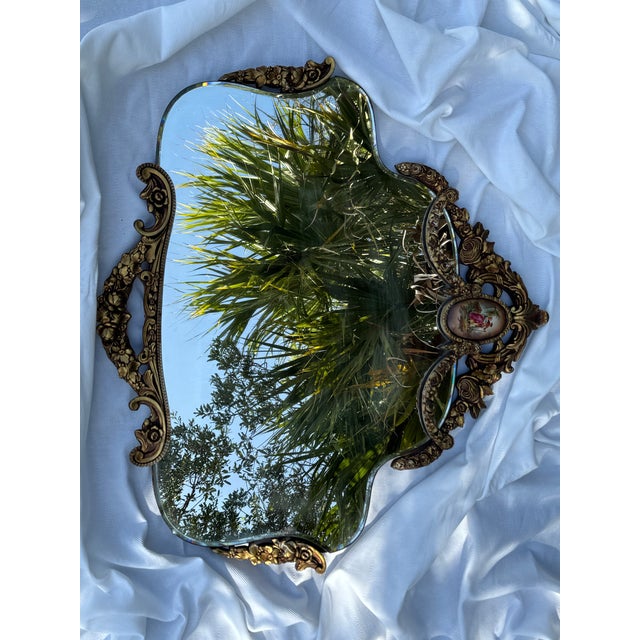 1910s Antique Ornate Gilt Wall Mirror With Hand-Painted Porcelain Plaque For Sale - Image 5 of 11