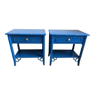 Thomasville Faux Bamboo Allegro Gloss Blue Nightstands - a Pair For Sale