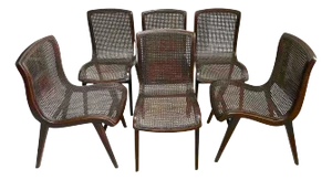Sleek French Modern Cantilever Cane Seat Chairs - Set of 6