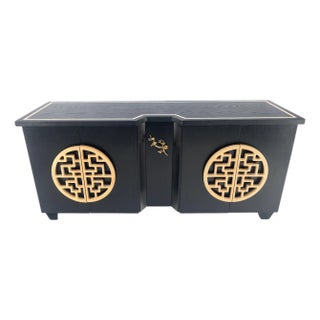 Large Asian Black Lacquer Large Carved Wood Door Pulls 8 Drawer Dresser Credenza For Sale