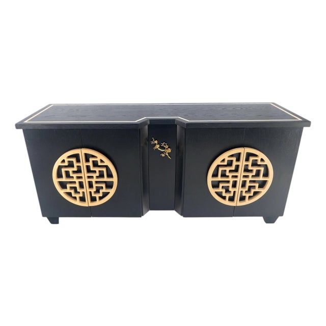 Large Asian Black Lacquer Large Carved Wood Door Pulls 8 Drawer Dresser Credenza For Sale