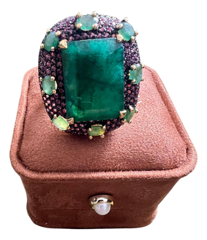 Bochic "Capri" 20 Carat Emerald & Pink Fancy Sapphire Ring Set 18K Gold & Silver