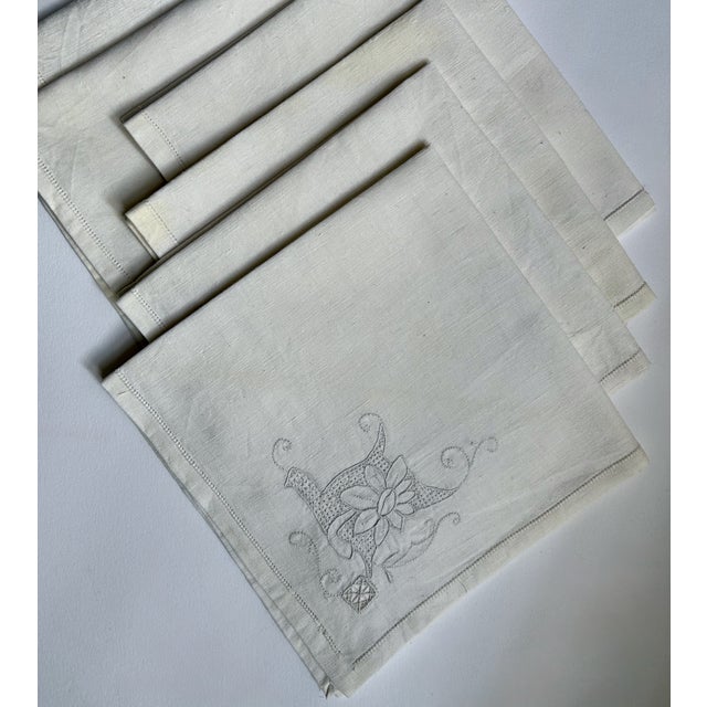 Mid 20th Century Set of 6 Mid 20th Century Off White Linen & Cotton Dining Napkins With Cut Work For Sale - Image 5 of 16
