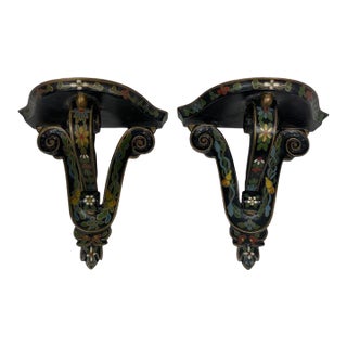 Pair of Vintage Indian Hand-Painted Floral Wood Wall Bracket Shelves For Sale