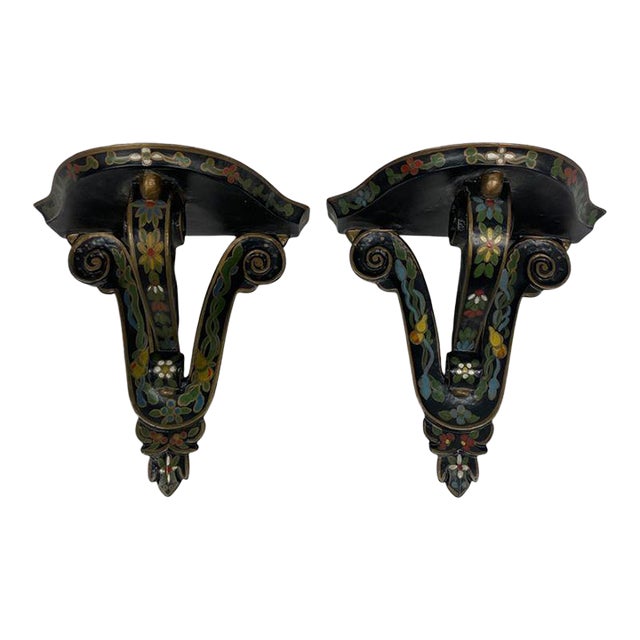 Pair of Vintage Indian Hand-Painted Floral Wood Wall Bracket Shelves For Sale
