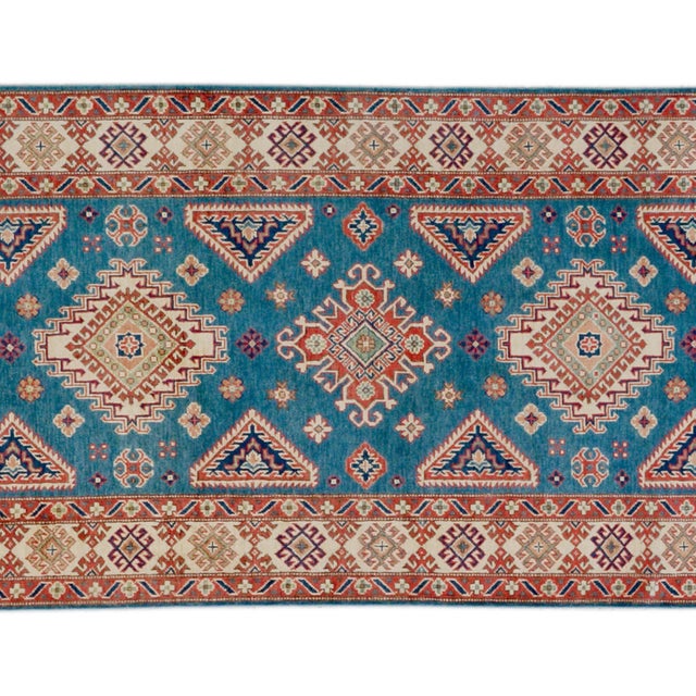 1990s Bohemian Kazak Mervin Ivory/Red Wool Runner Rug - 4'0''x16'2'' For Sale - Image 5 of 10