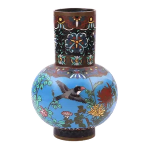 Early Meiji Period Japanese Cloisonne Enamel Bulbous Vase With Geometric Patterns