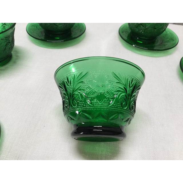 Green Depression Era Sandwich Glass Oatmeal Cups and Saucers 8 Pieces