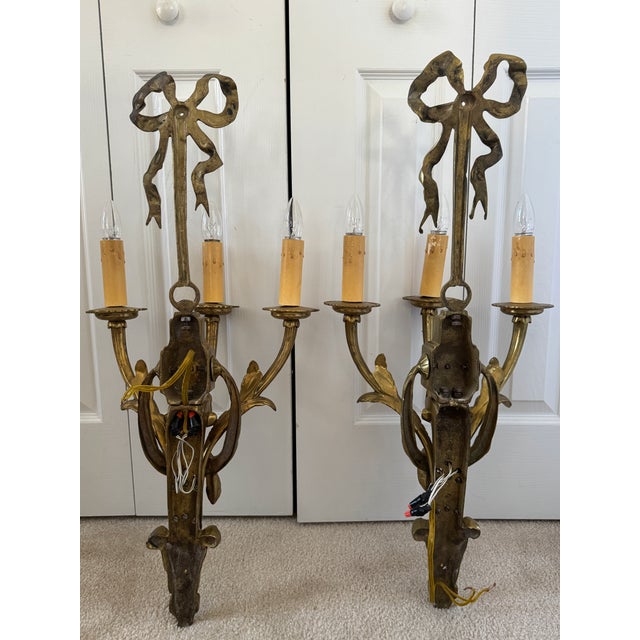 Mid 20th Century Louis XIV Solid Brass 3-Arm Wall Sconces W/Ribbons For Sale - Image 16 of 17