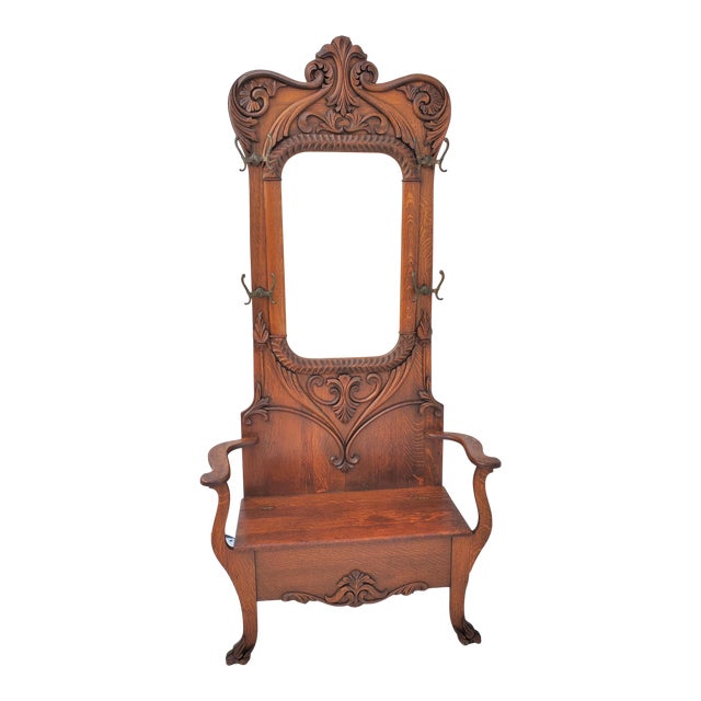 Antique American Oak Hall Tree / Hall Seat With Hooks, Mirror