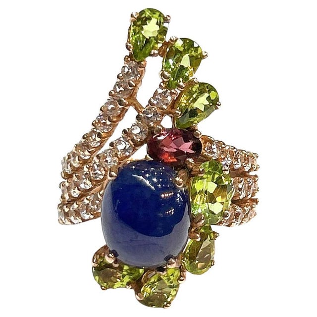Metal Bochic “Orient” Blue Sapphire & Multi Gem Cocktail Ring In 18K Gold & Silver, Size 7.5 For Sale - Image 7 of 8