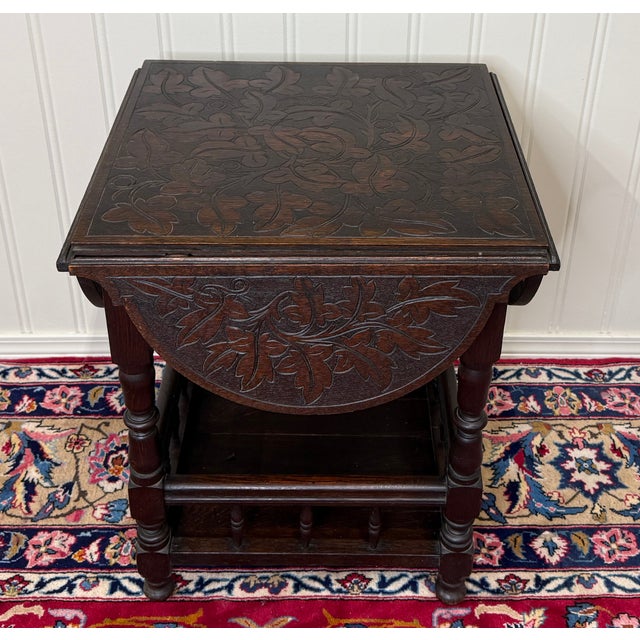 1900 - 1909 Antique English Cloverleaf Side Table Carved Top Lower Gallery Oak C. 1900 For Sale - Image 5 of 15