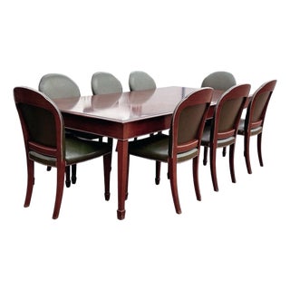 Dining Table and Dining Chairs in Green Leather, Set of 9 For Sale