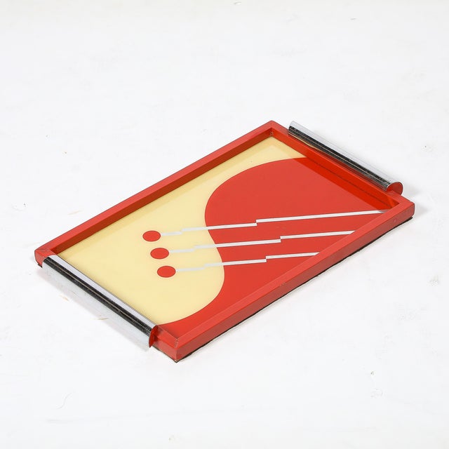 1930s Art Deco Eglomise Graphic Geometric Detailed Tray in Vermillion Red & Yellow For Sale - Image 5 of 17