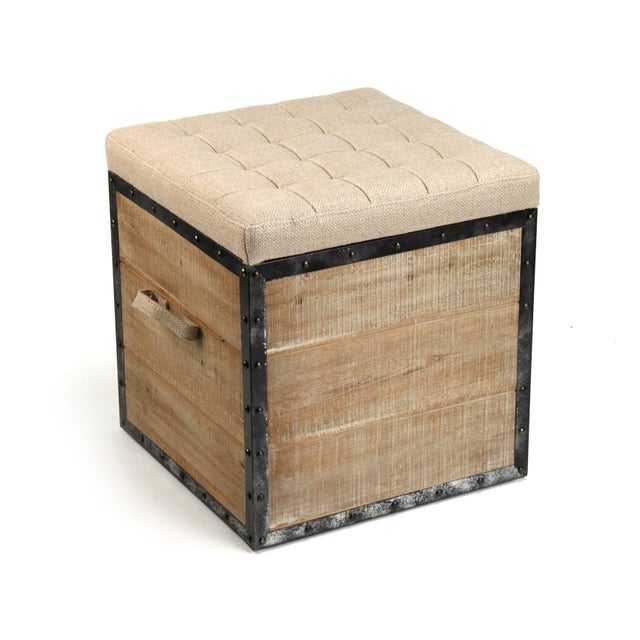 Faye Burlap/Oak Tufted Top Storage Cube For Sale - Image 4 of 5