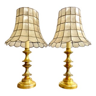 Midcentury Capiz Shell Scalloped Shades on Brass Lamps, a Pair For Sale